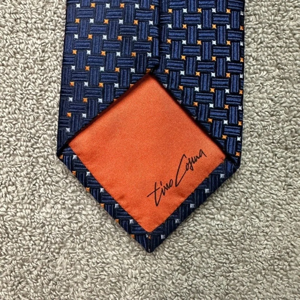 Tino Cosma Navy Blue Orange Geometric Basketweave Silk Tie Made in Italy